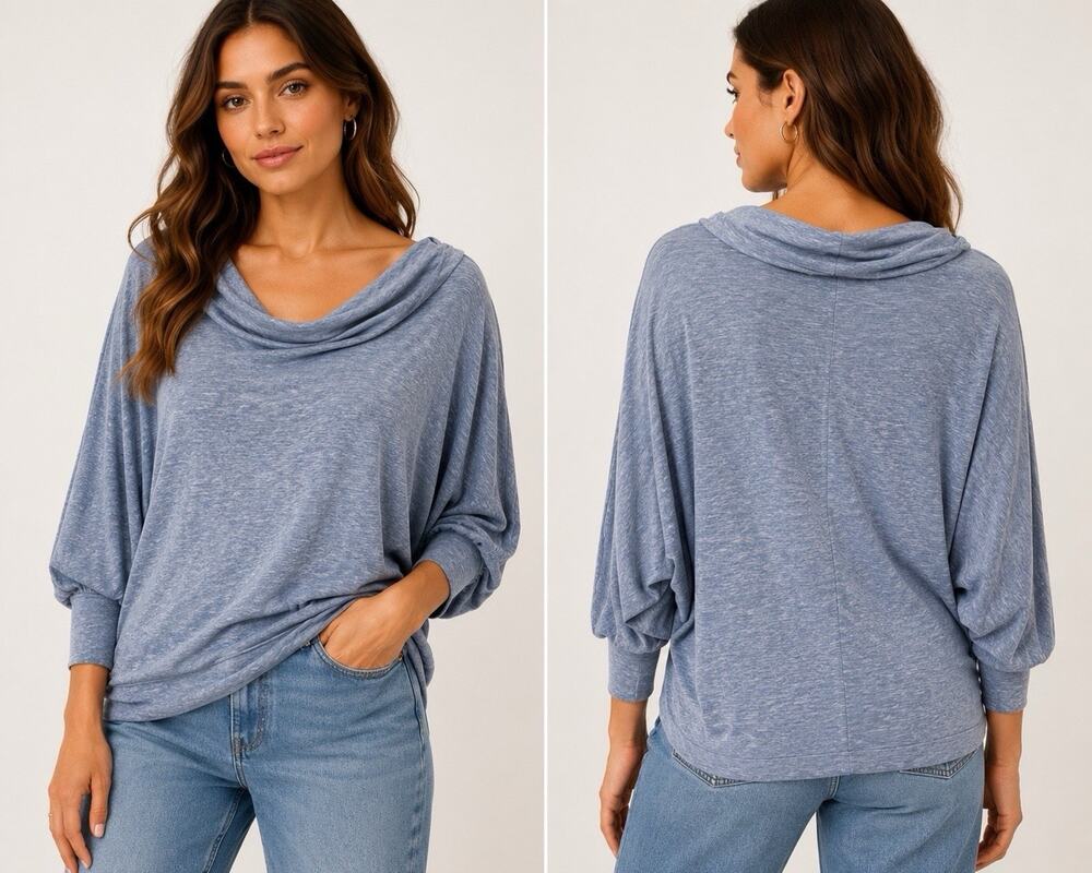 Free People We The Free Blue Cowl Neck Dolman Relaxed Knit Top Medium